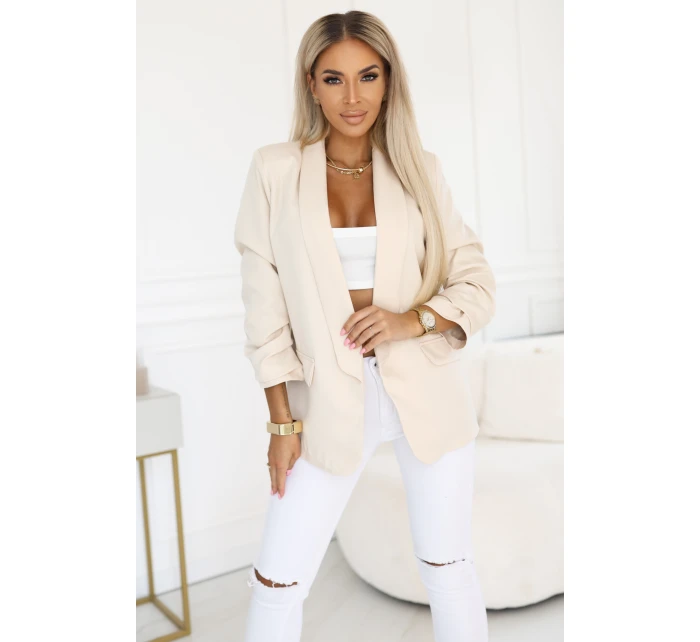 model 21745283 Dámské klasické sako s nabíranými rukávy béžové - numoco basic