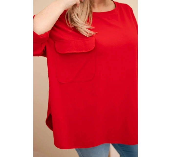 Dámská blůza Plus Size s bavlnou, kapsou a ohrnutým rukávem červená
