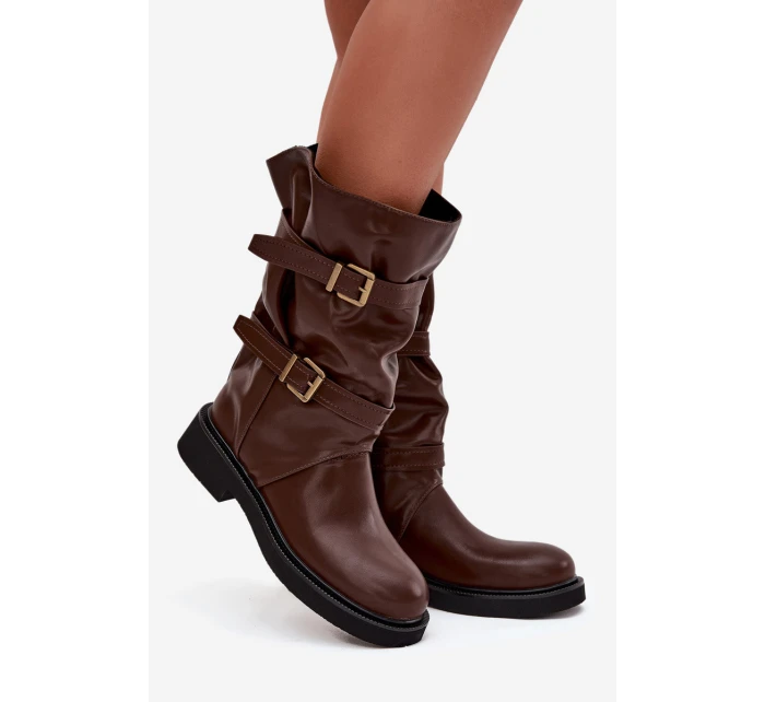 Vlněné dámské kozačky do  s pásky a přezkami hnědé model 21711786 - Boto