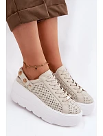Kožené síťované dámské tenisky na platformě s páskem na podpatku model 22100279 béžové - D&A