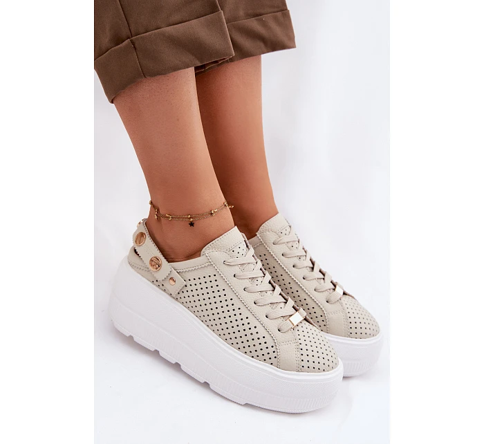 Kožené síťované dámské tenisky na platformě s páskem na podpatku model 22100279 béžové - D&A