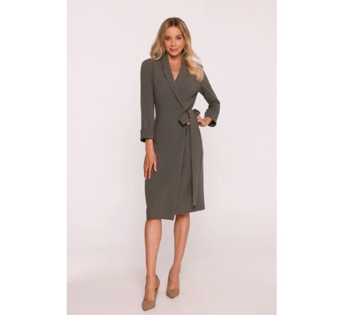 S415 Košeľové šaty viazané v páse - khaki