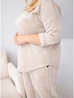 Dámský plus size komplet z viskózy manšestrový se širokými kalhotami a mikinou béžový Dámský plus size komplet z viskózy manšestrový se širokými kalhotami a mikinou béžový