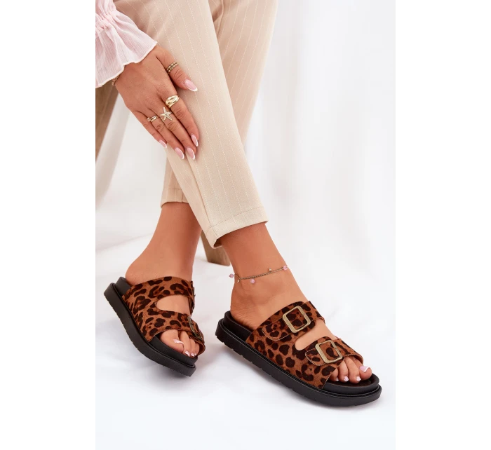 Klapki Damskie W Panterkę Na Platformie Z Klamrami Brązowe Simbes