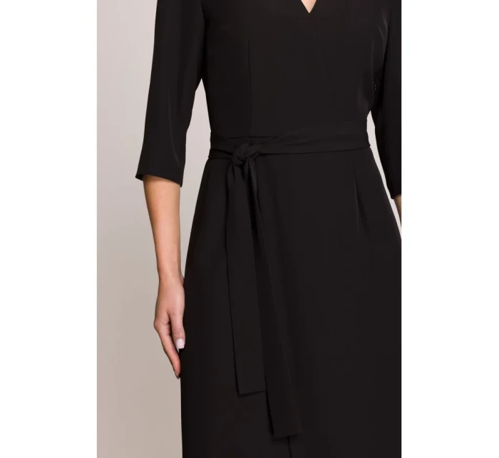 S396 Šaty v strednej dĺžke so zavinovacími detailmi - čierne