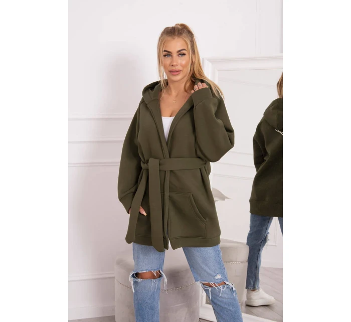 Zateplená bunda s vázáním v pase khaki barvy