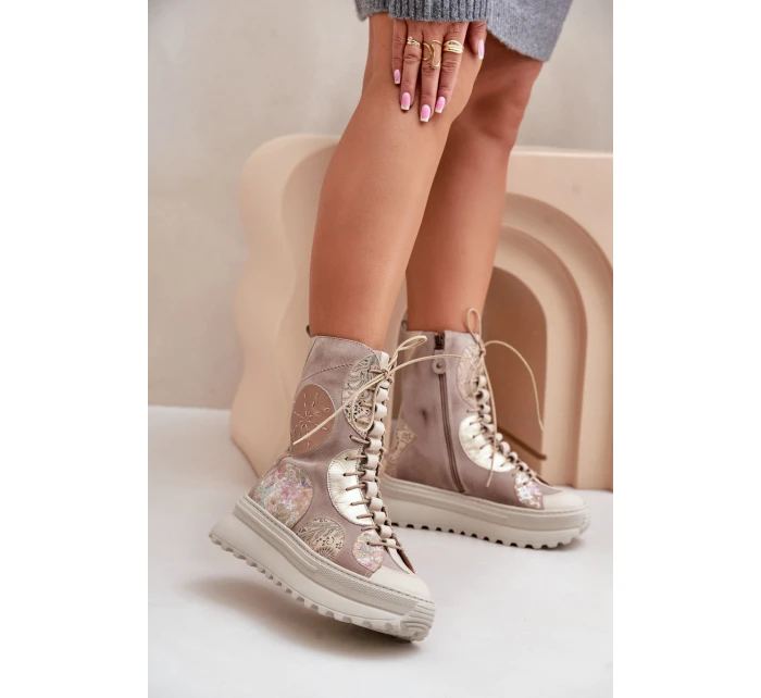 Skórzane Zamszowe Botki Na Platformie Ocieplane Maciejka 06565-04 Beżowe