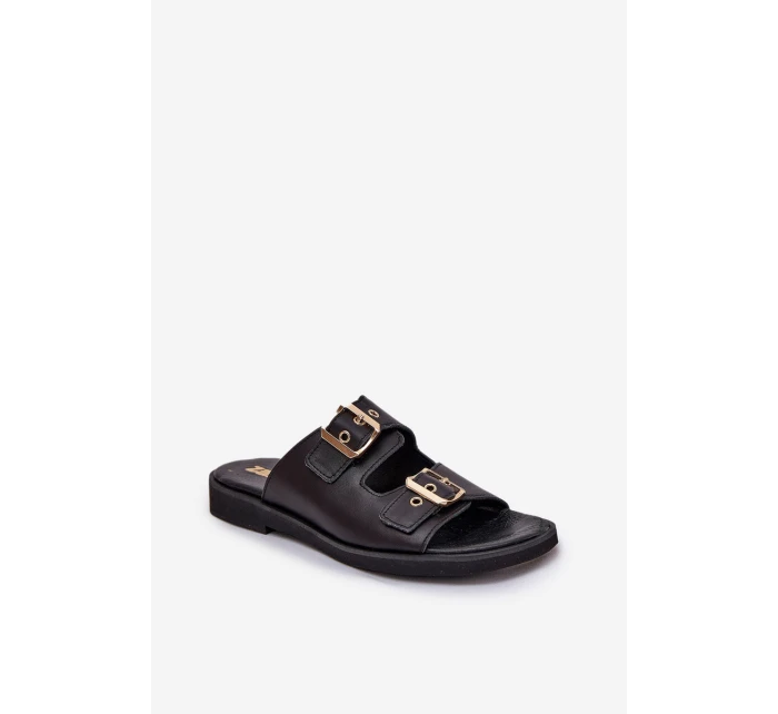 Skórzane Płaskie Klapki Z Klamrami Zazoo 3020 Czarne