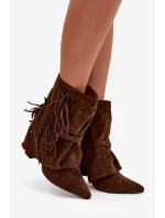 Dámské kotníkové boty na podpatku s třásněmi a zlatými sponami hnědé Evelisse Botki Damskie Dámské kotníkové boty na podpatku s třásněmi a zlatými sponami hnědé Evelisse Botki Damskie