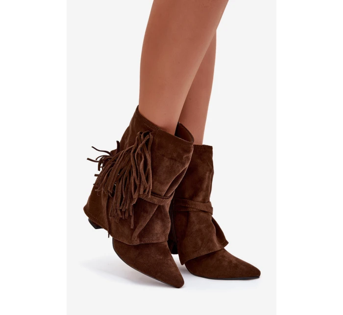 Dámské kotníkové boty na podpatku s třásněmi a zlatými sponami hnědé Evelisse Botki Damskie Dámské kotníkové boty na podpatku s třásněmi a zlatými sponami hnědé Evelisse Botki Damskie