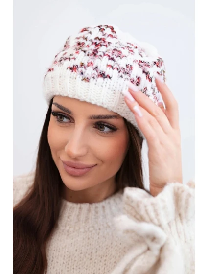 Dámska zimná čiapka s farebnými vzormi a hrubým úpletom K353 ecru+czerwony