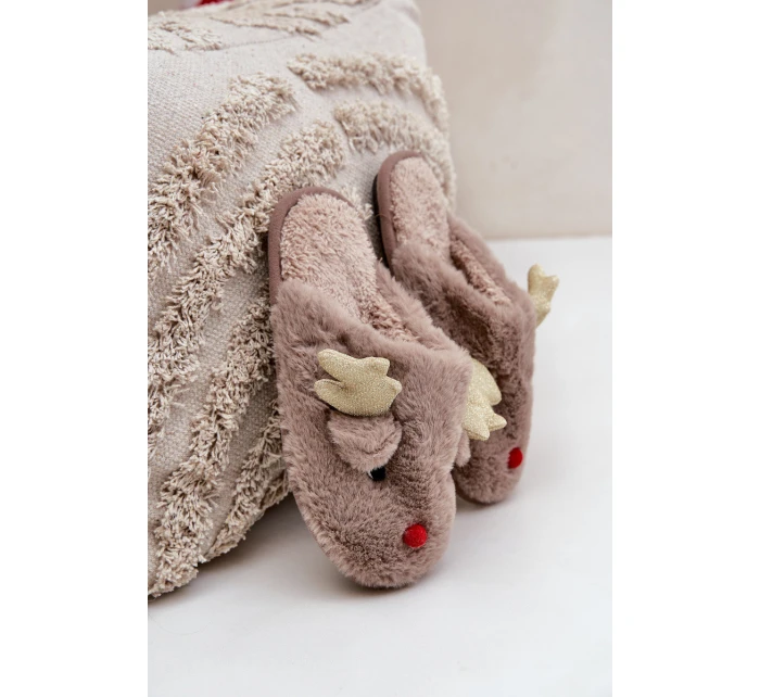 Kapcie Świąteczne Z Motywem Renifera Futrzane Ciemnobeżowe Asielle