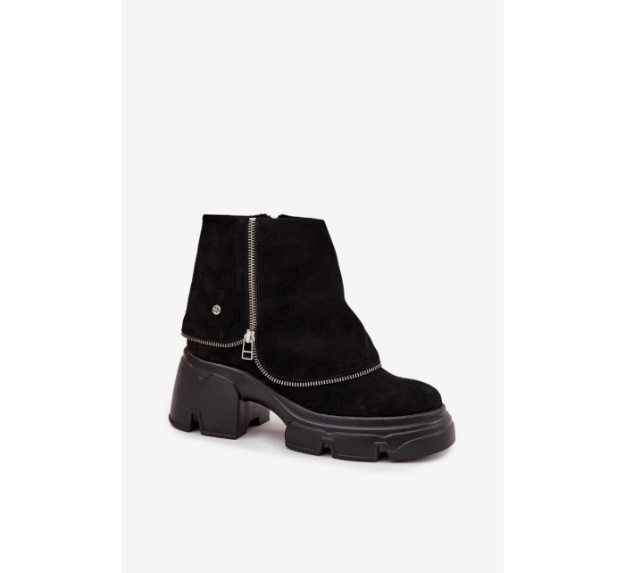 Skórzane Botki Damskie Z Wywiniętą Cholewką Maciejka 07145-01 Czarne