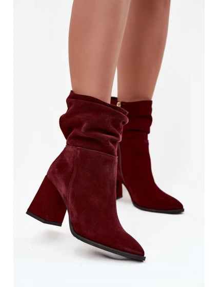 Kotníkové boty z přírodního semiše s vyhříváním na podpatku s mašlí Zazoo 4216 bordó