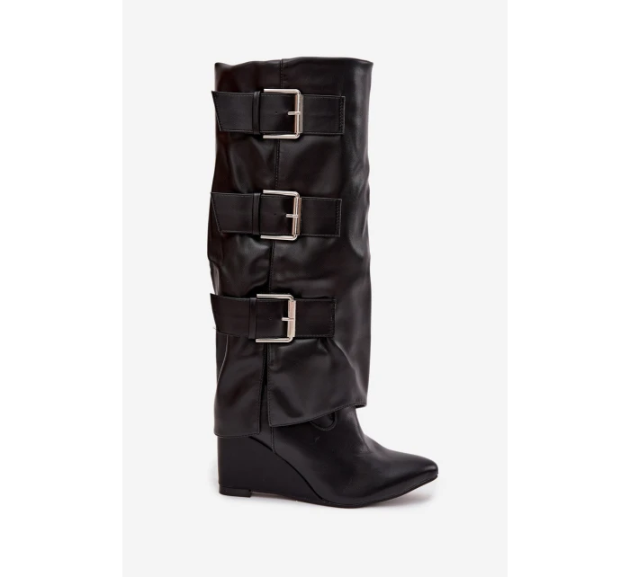 Dámské kozačky na platformě s ohnutým horním lemem a stříbrnými přezkami Černé Sarisse