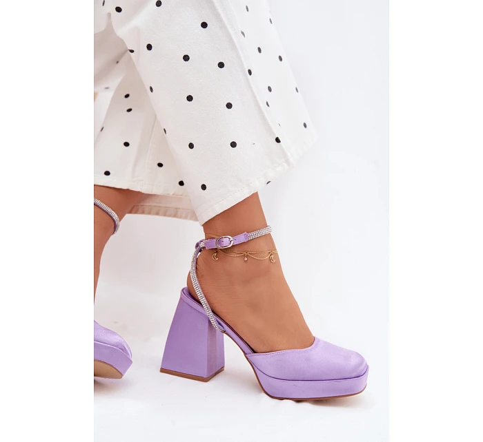 Dámské sandály s masivním podpatkem typu sloupek s páskem a kamínky Fialové Seraphina