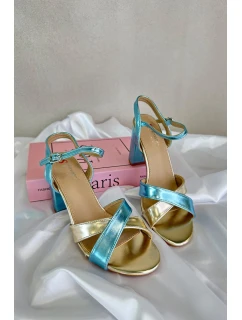 Eko Skórzane Sandały Na Obcasie Słupku Niebiesko-Złote Abilica