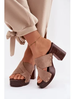 Dámské sandály na podpatku se zlatými přezkami tmavě béžové model 21951467 - Boto