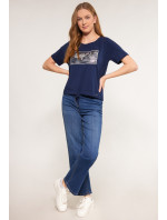 Dámske tričko s ozdobným panelom TSH0083-013 tmavo modrá - Monnari