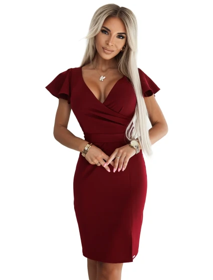 479-7 NINA elegantné šaty s obálkovým výstrihom, rukávmi a opaskom - Bordeaux