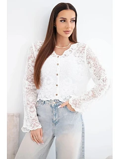 Dámsky bavlnený čipkovaný sveter s dlhými rukávmi biely