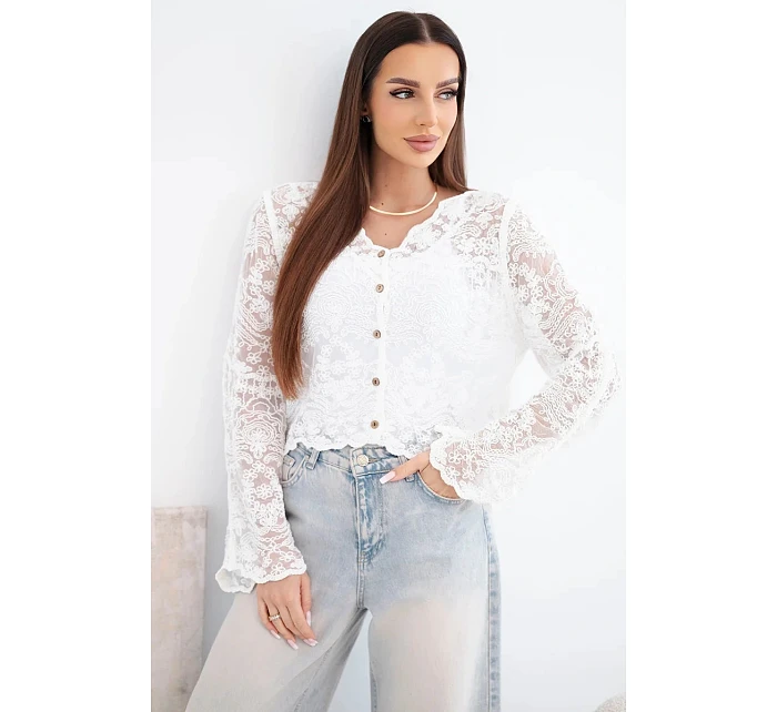 Dámsky bavlnený čipkovaný sveter s dlhými rukávmi biely