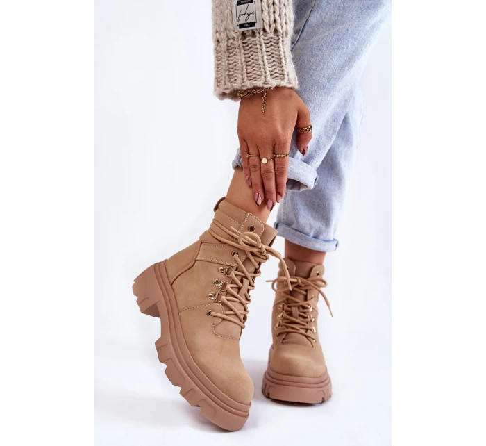 Kožené teplé šněrovací boty Béžové model 21603028 - EVENTO Kožené teplé šněrovací boty Béžové model 21603028 - EVENTO