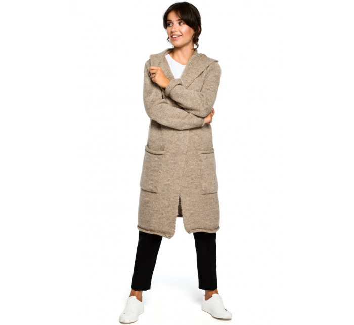 BK016 Dlhý sveter s kapucňou a bočnými vreckami - svetlo hnedý