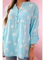Ľanová blúzka s kvetinovým vzorom 22062 modrá - Kesi