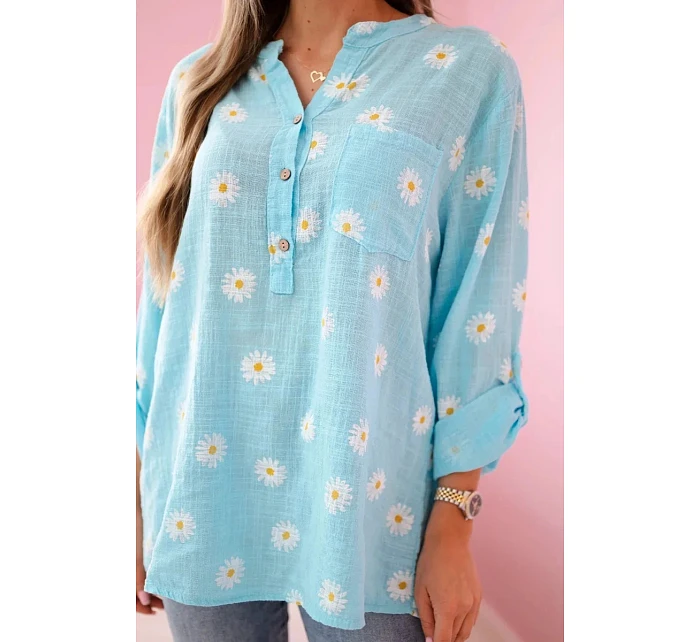 Ľanová blúzka s kvetinovým vzorom 22062 modrá - Kesi