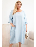Dámske plus veľkosť viskózové šaty s vreckami krátkymi rukávmi modré