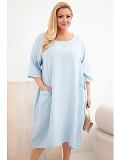 Dámske plus veľkosť viskózové šaty s vreckami krátkymi rukávmi modré
