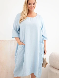 Dámske plus veľkosť viskózové šaty s vreckami krátkymi rukávmi modré