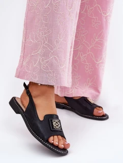 Eleganckie Sandały Damskie Na Płaskim Obcasie Z Ozdobą S.Barski KV51-082 Czarne