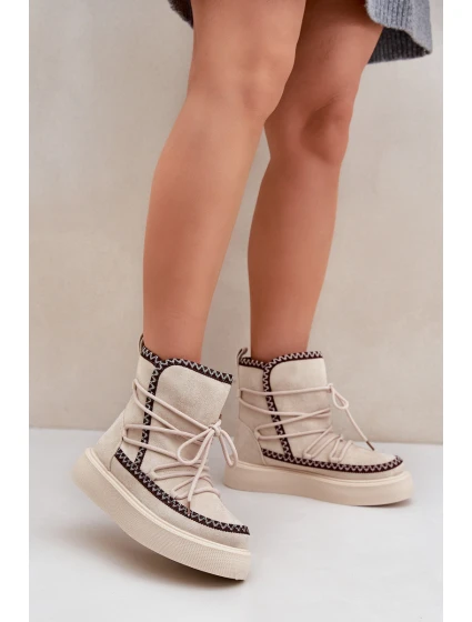 Śniegowce Damskie Z Haftem Na Platformie Jasnobeżowe Naleris