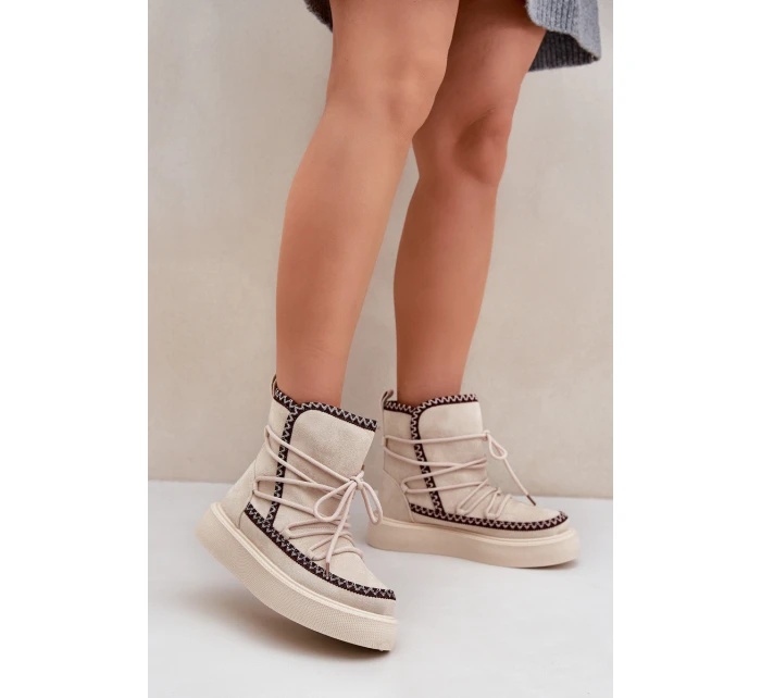 Śniegowce Damskie Z Haftem Na Platformie Jasnobeżowe Naleris