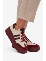 Skórzane Sneakersy Damskie Na Platformie Zazoo 3775 Beżowo-Bordowe
