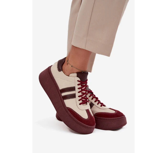 Skórzane Sneakersy Damskie Na Platformie Zazoo 3775 Beżowo-Bordowe