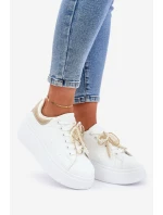 Sneakersy Damskie Na Platformie Z Ozdobami Biało-Złote Lerissna