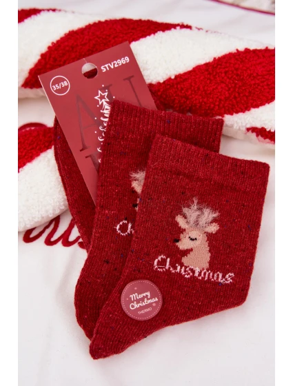 Dámské vánoční ponožky s jelenem vlna alpaka červené