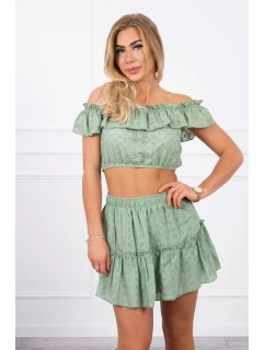 Vyšívaný komplet s pruhovanou blúzkou tmavo mätový