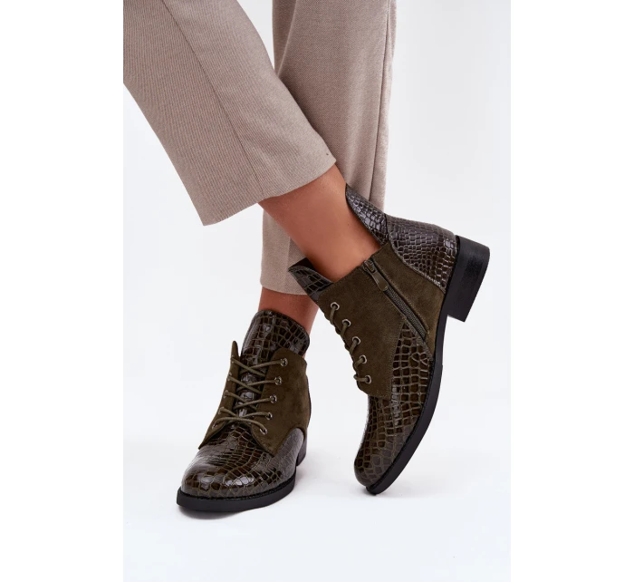 Lakierowane Botki Damskie Z Ozdobnym Tłoczeniem Ocieplane Vinceza 16477 Ciemnozielone