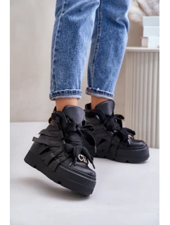 Skórzane Sneakersy Damskie Na Masywnej Platformie CheBello 4561 Czarne