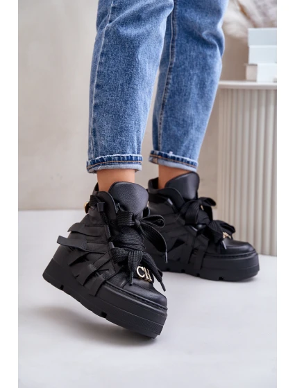 Skórzane Sneakersy Damskie Na Masywnej Platformie CheBello 4561 Czarne