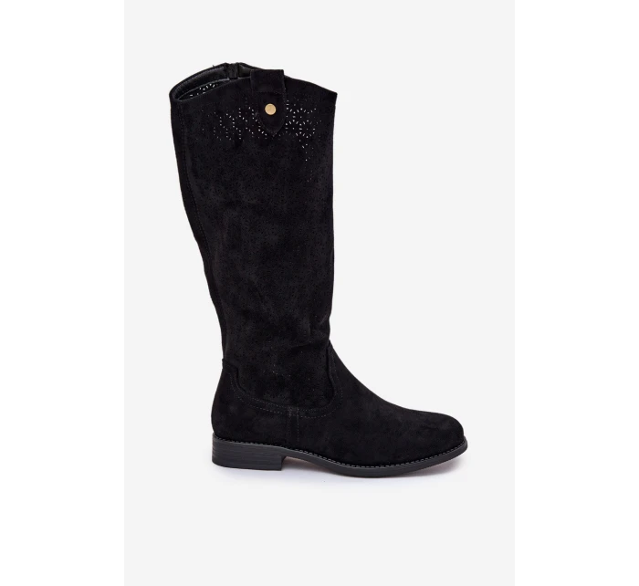 Kozaki Na Płaskim Obcasie Z Ażurowym Wzorem S.Barski HY51-062 Czarne