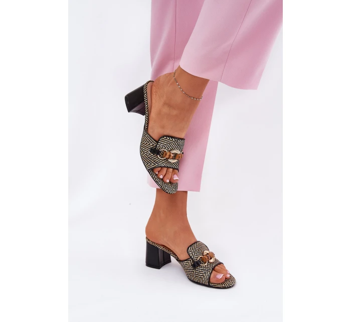 Klapki Damskie Na Obcasie Z Ozdobą Czarne Ovittole