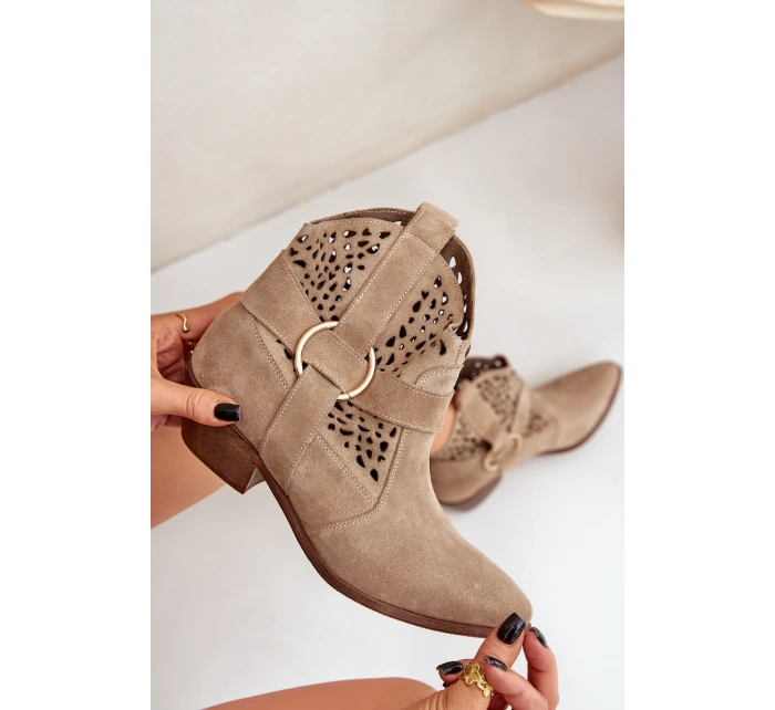 Zamszowe Botki Kowbojki Ażurowe Na Obcasie Zazoo 2994 Beżowe