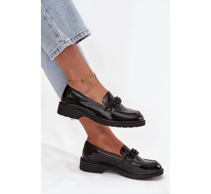 Mokasyny Damskie Lakierowane Z Koralikami S.Barski HY52-541 Czarne