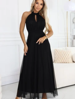 Elegantní maxi večerní šaty na ramínka s a zavazováním v pase černé model 21961746 - numoco basic