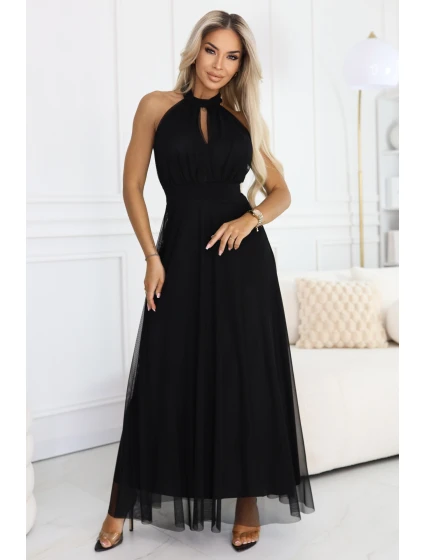 Elegantní maxi večerní šaty na ramínka s a zavazováním v pase černé model 21961746 - numoco basic